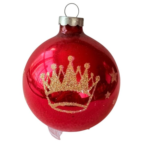 Vintage Shiny Brite Red Glass Christmas Ornament Gold Glitter Crown & Star 3” - Picture 1 of 7